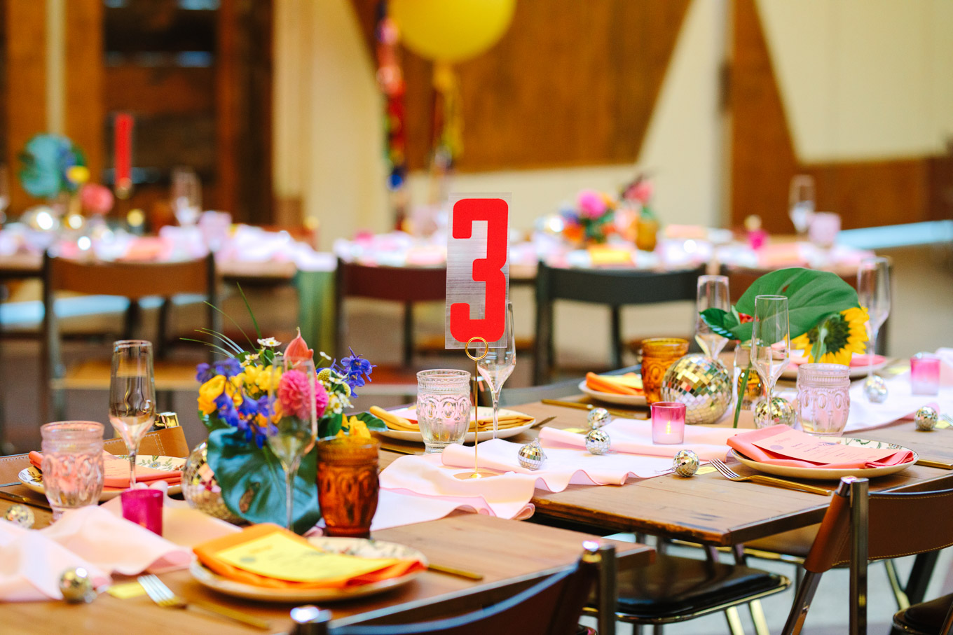 Bright graphic table number | Colorful Downtown Los Angeles Valentine Wedding | Los Angeles wedding photographer | #losangeleswedding #colorfulwedding #DTLA #valentinedtla   Source: Mary Costa Photography | Los Angeles