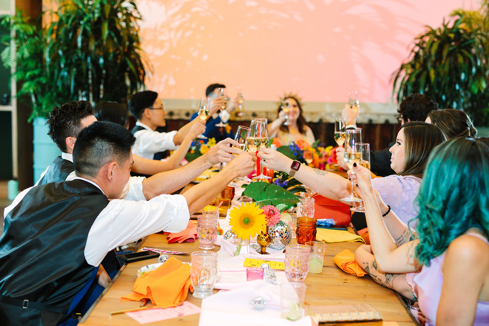 Toast at wedding reception | Colorful Downtown Los Angeles Valentine Wedding | Los Angeles wedding photographer | #losangeleswedding #colorfulwedding #DTLA #valentinedtla   Source: Mary Costa Photography | Los Angeles