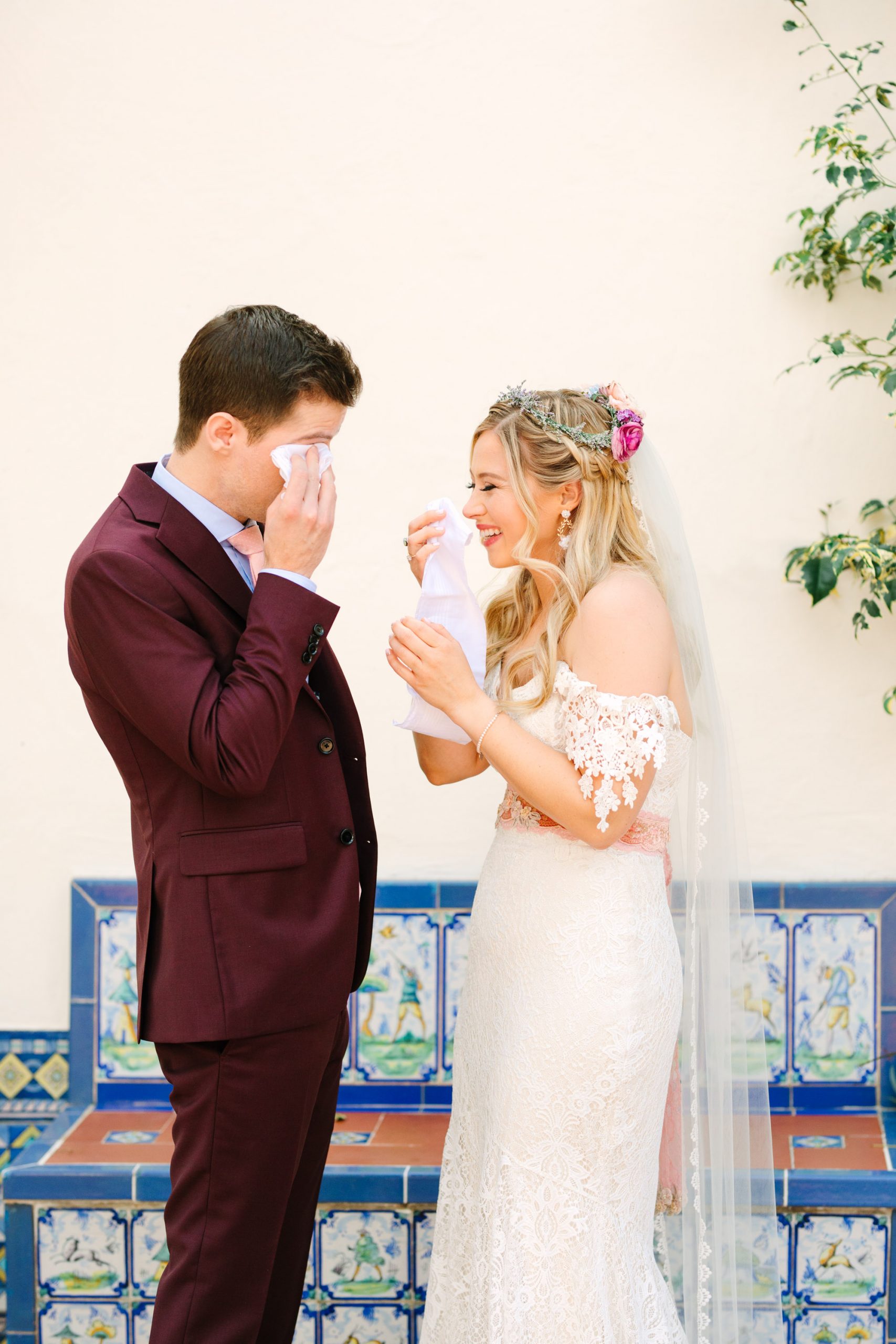 Emotional first look with bride and groom - www.marycostaweddings.com