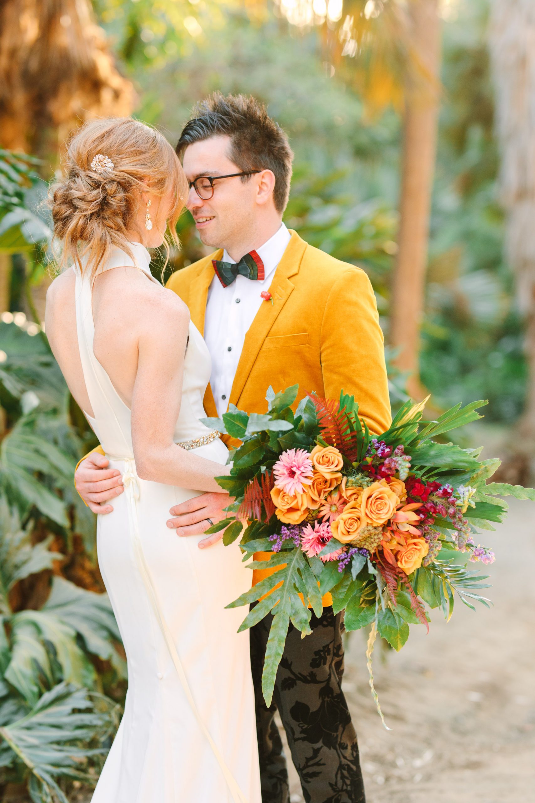 Groom in yellow blazer wedding portrait at Balboa Park in San Diego by Mary Costa Photography