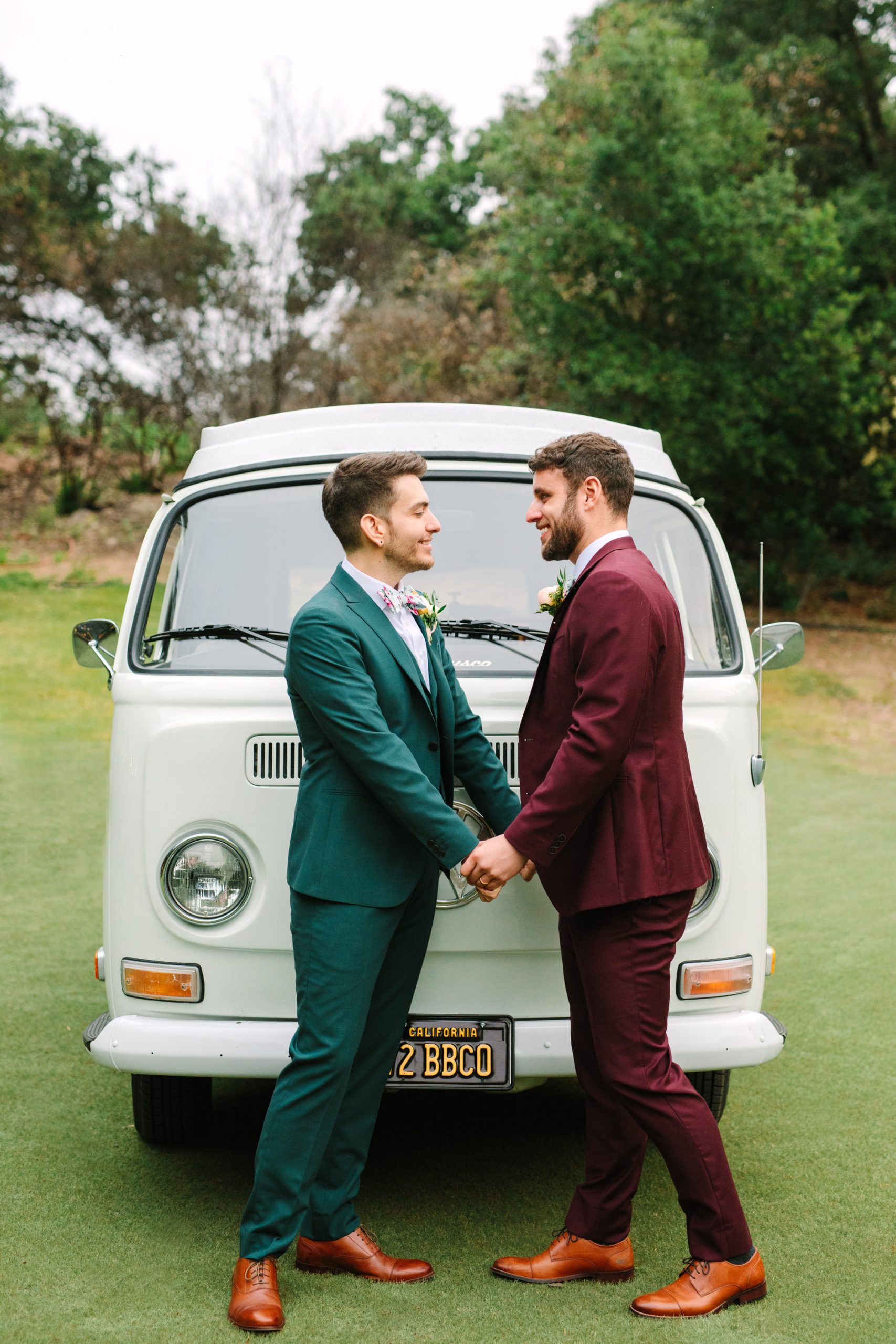 Two Grooms with VW Van by Mary Costa Photography
