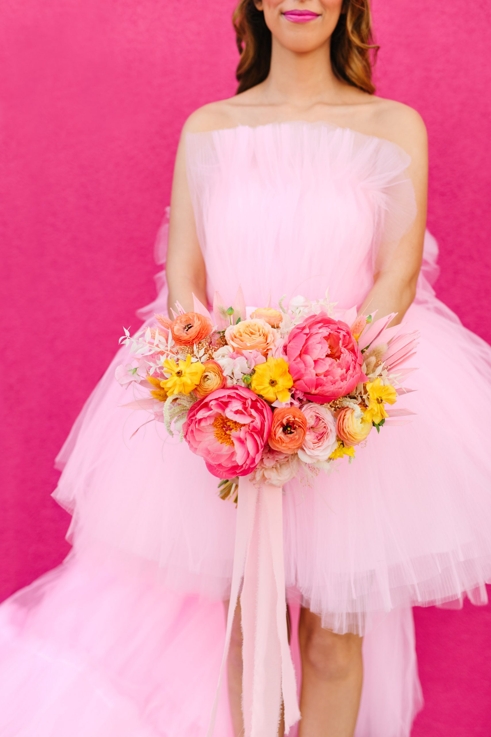 Pink bridal gown and peony bouquet www.marycostaweddings.com