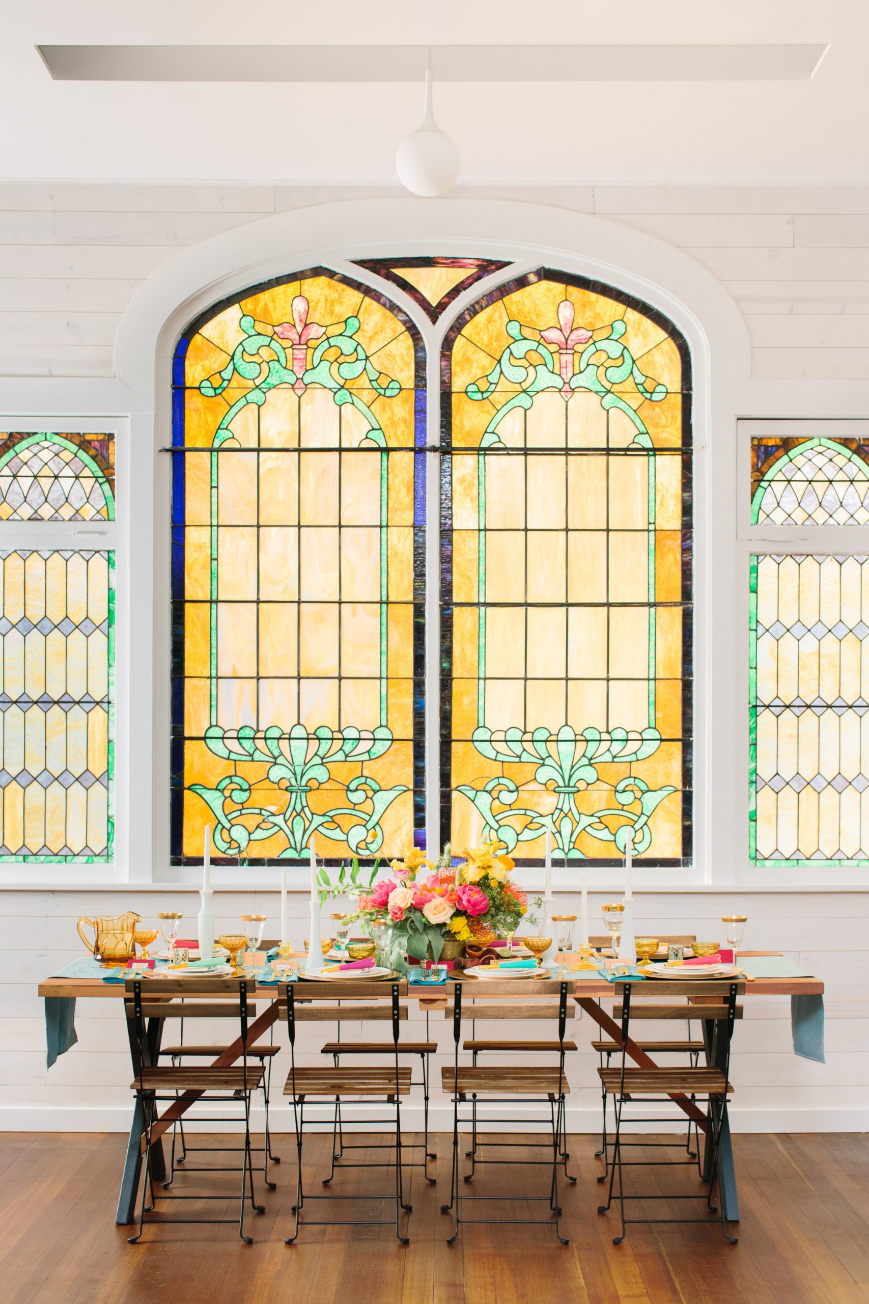 Stained glass reception space at Ruby Street Highland Park - www.marycostaweddings.com