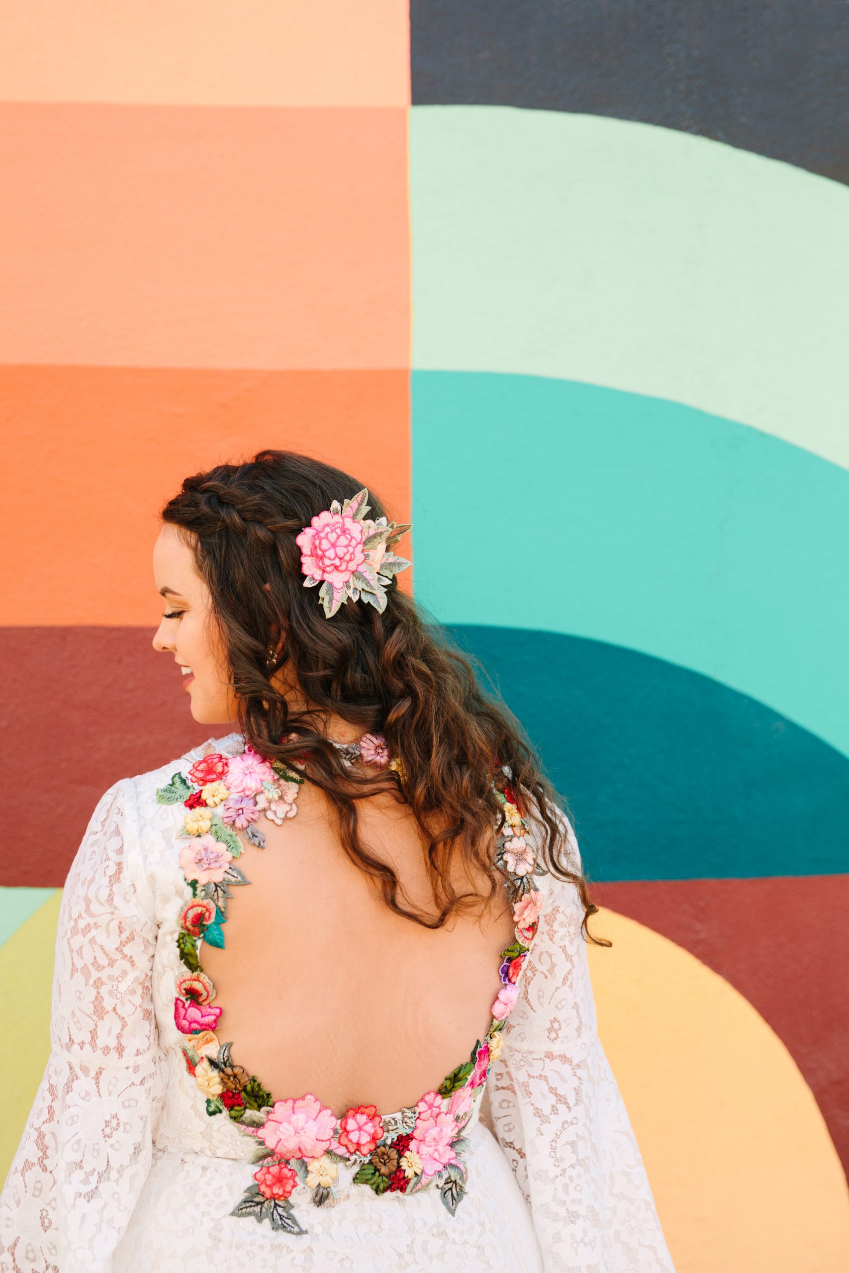 Bride in custom colorful embroidered gown by Heirloom Bride - www.marycostaweddings.com