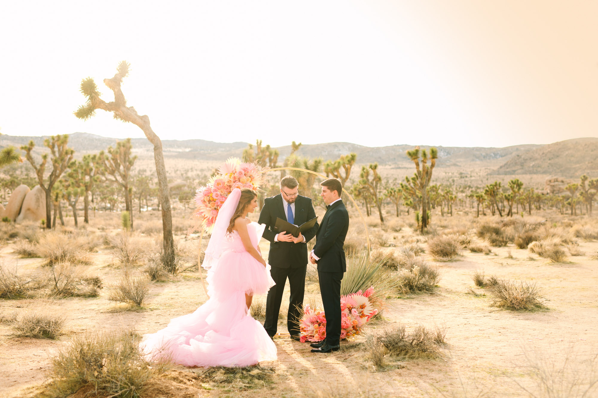 Pink wedding dress Joshua Tree elopement featured on Green Wedding Shoes | Colorful desert wedding inspiration for fun-loving couples in Southern California #joshuatreewedding #joshuatreeelopement #pinkwedding #greenweddingshoes Source: Mary Costa Photography | Los Angeles