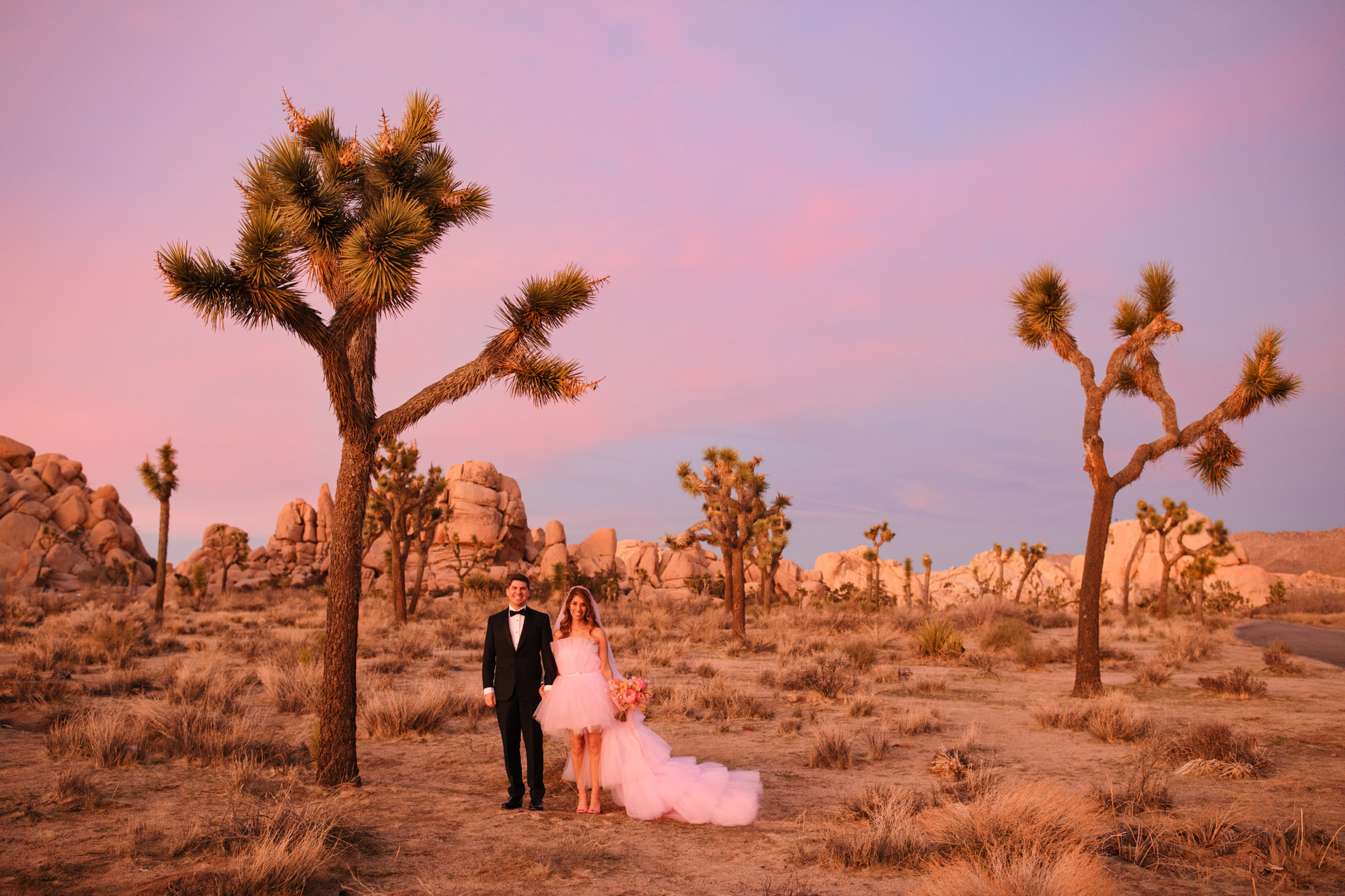 Bride and groom among Joshua Tree desert at sunset | Pink wedding dress Joshua Tree elopement featured on Green Wedding Shoes | Colorful desert wedding inspiration for fun-loving couples in Southern California #joshuatreewedding #joshuatreeelopement #pinkwedding #greenweddingshoes Source: Mary Costa Photography | Los Angeles