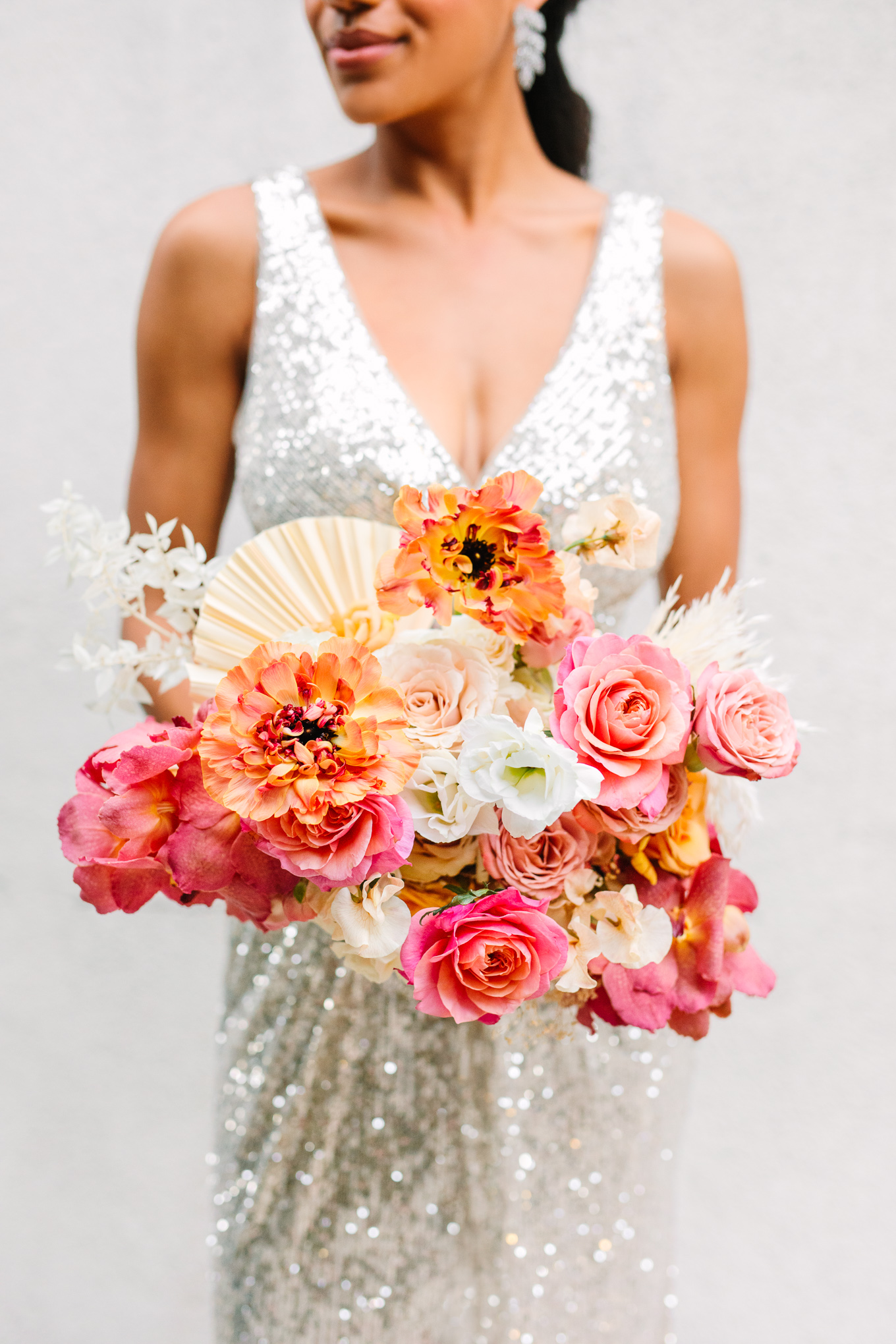 Pink and peach unique wedding flowers | Beautiful bridal bouquet inspiration | Colorful and elevated wedding photography for fun-loving couples in Southern California | #weddingflowers #weddingbouquet #bridebouquet #bouquetideas #uniquebouquet   Source: Mary Costa Photography | Los Angeles 