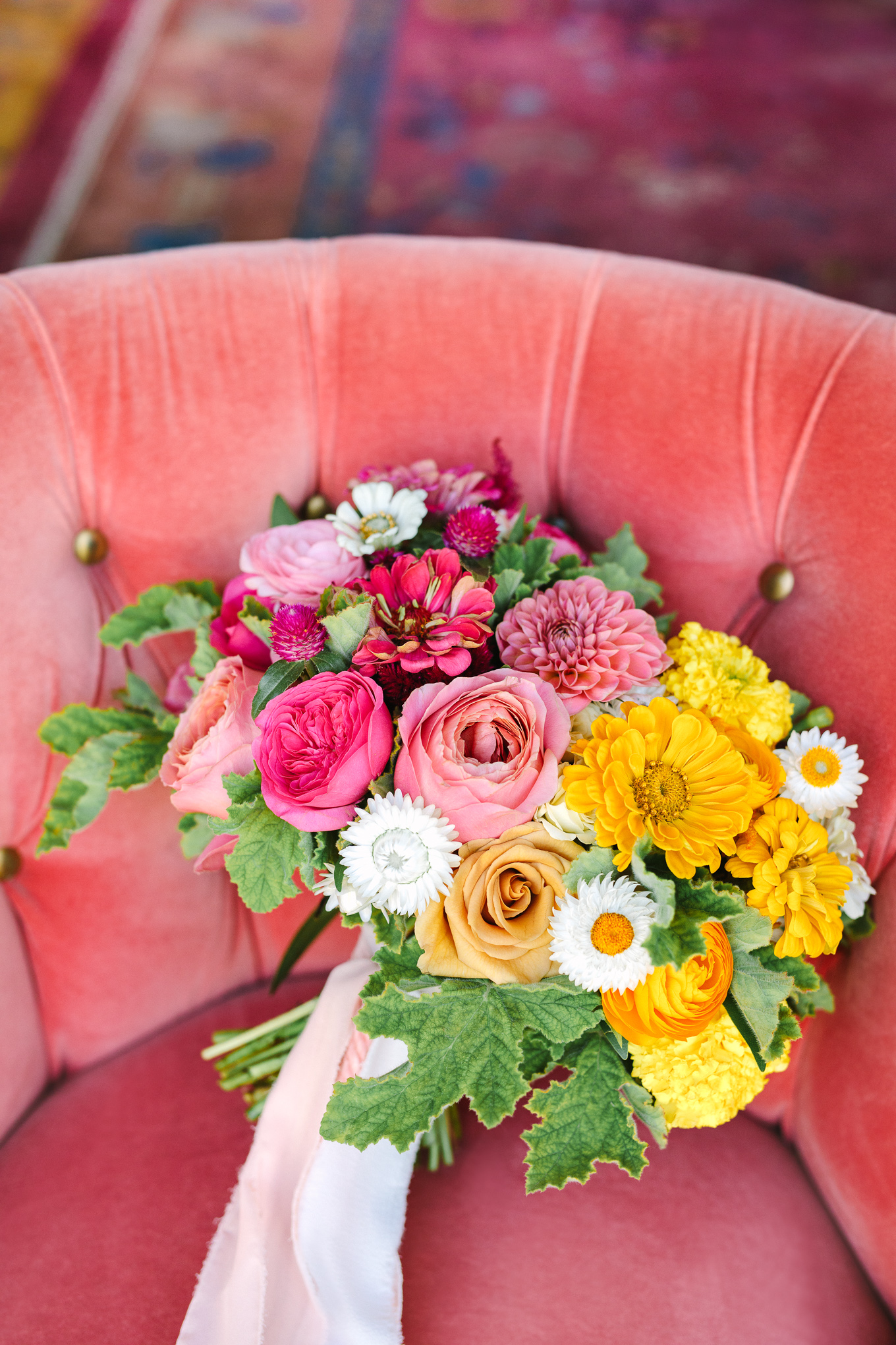 Ombre pink and yellow wedding flowers at The Fig House | Beautiful bridal bouquet inspiration and advice | Colorful and elevated wedding photography for fun-loving couples in Southern California | #weddingflowers #weddingbouquet #bridebouquet #bouquetideas #uniquebouquet   Source: Mary Costa Photography | Los Angeles