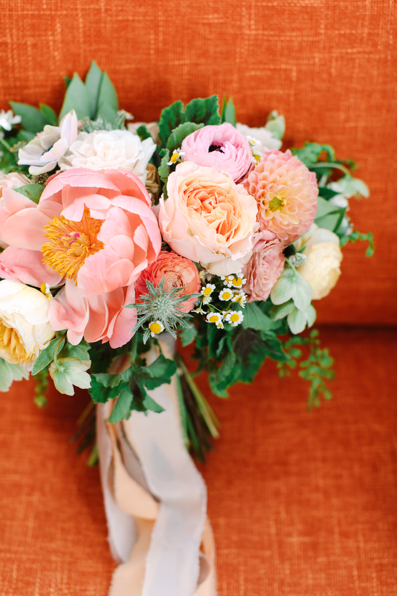 Pink peony and peach bouquet at The Ruby Street | Beautiful bridal bouquet inspiration and advice | Colorful and elevated wedding photography for fun-loving couples in Southern California | #weddingflowers #weddingbouquet #bridebouquet #bouquetideas #uniquebouquet   Source: Mary Costa Photography | Los Angeles