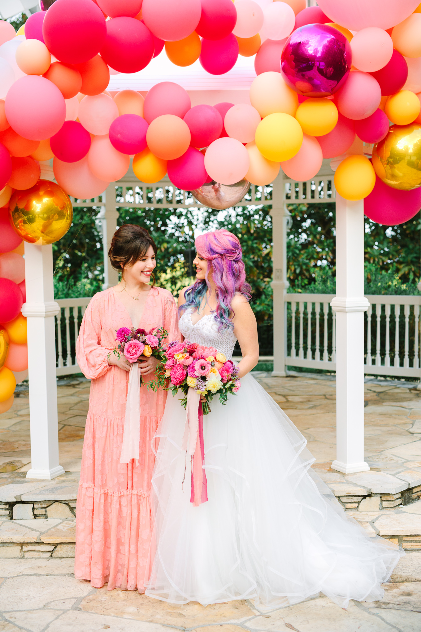 Colorful bouquets with blush bridal gown| Beautiful bridal bouquet inspiration and advice | Colorful and elevated wedding photography for fun-loving couples in Southern California | #weddingflowers #weddingbouquet #bridebouquet #bouquetideas #uniquebouquet   Source: Mary Costa Photography | Los Angeles
