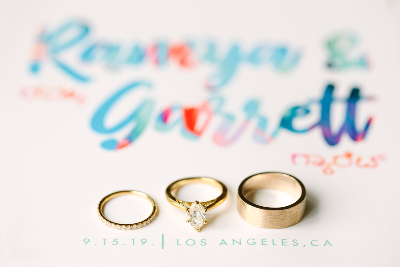 Classic gold wedding rings. Two Disney artists create a unique and colorful Indian Fusion wedding at The Fig House Los Angeles, featured on Green Wedding Shoes. | Colorful and elevated wedding inspiration for fun-loving couples in Southern California | #indianwedding #indianfusionwedding #thefighouse #losangeleswedding   Source: Mary Costa Photography | Los Angeles