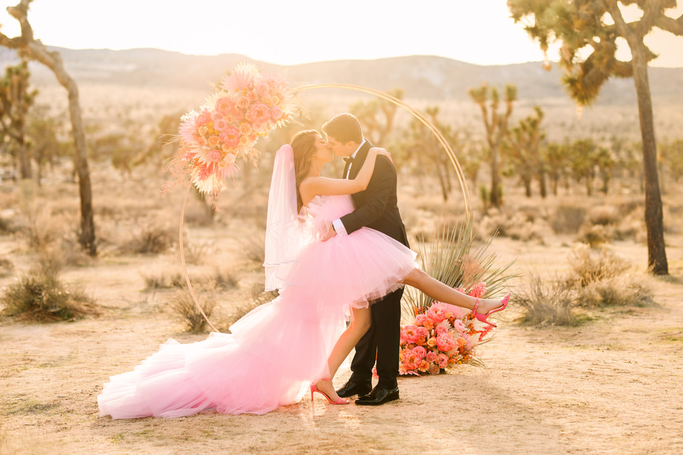 Joshua Tree pink dress elopement | Engagement, elopement, and wedding photography roundup of Mary Costa’s favorite images from 2020 | Colorful and elevated photography for fun-loving couples in Southern California | #2020wedding #elopement #weddingphoto #weddingphotography   Source: Mary Costa Photography | Los Angeles