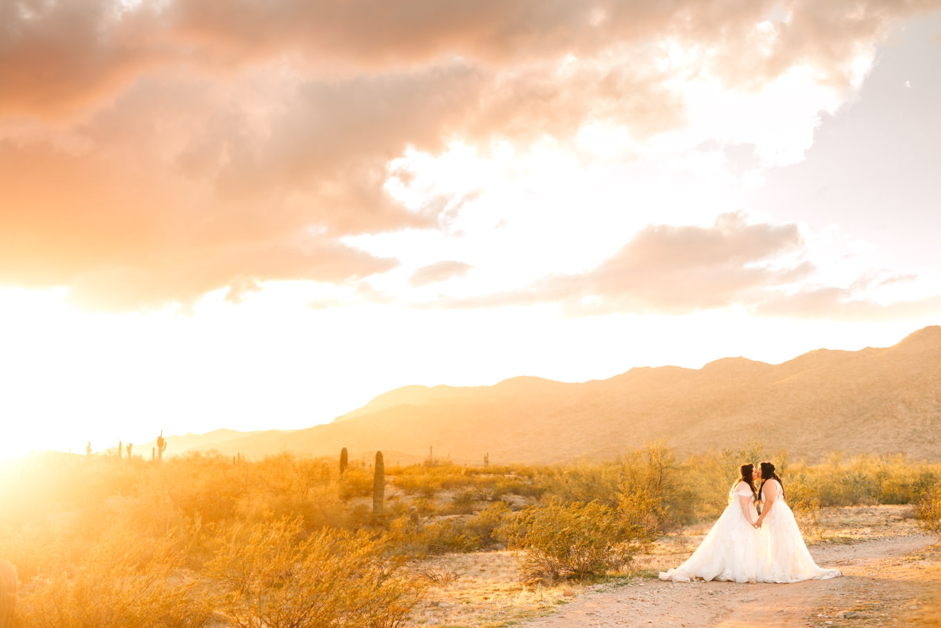 Two brides kissing at Arizona desert wedding | Engagement, elopement, and wedding photography roundup of Mary Costa’s favorite images from 2020 | Colorful and elevated photography for fun-loving couples in Southern California | #2020wedding #elopement #weddingphoto #weddingphotography   Source: Mary Costa Photography | Los Angeles