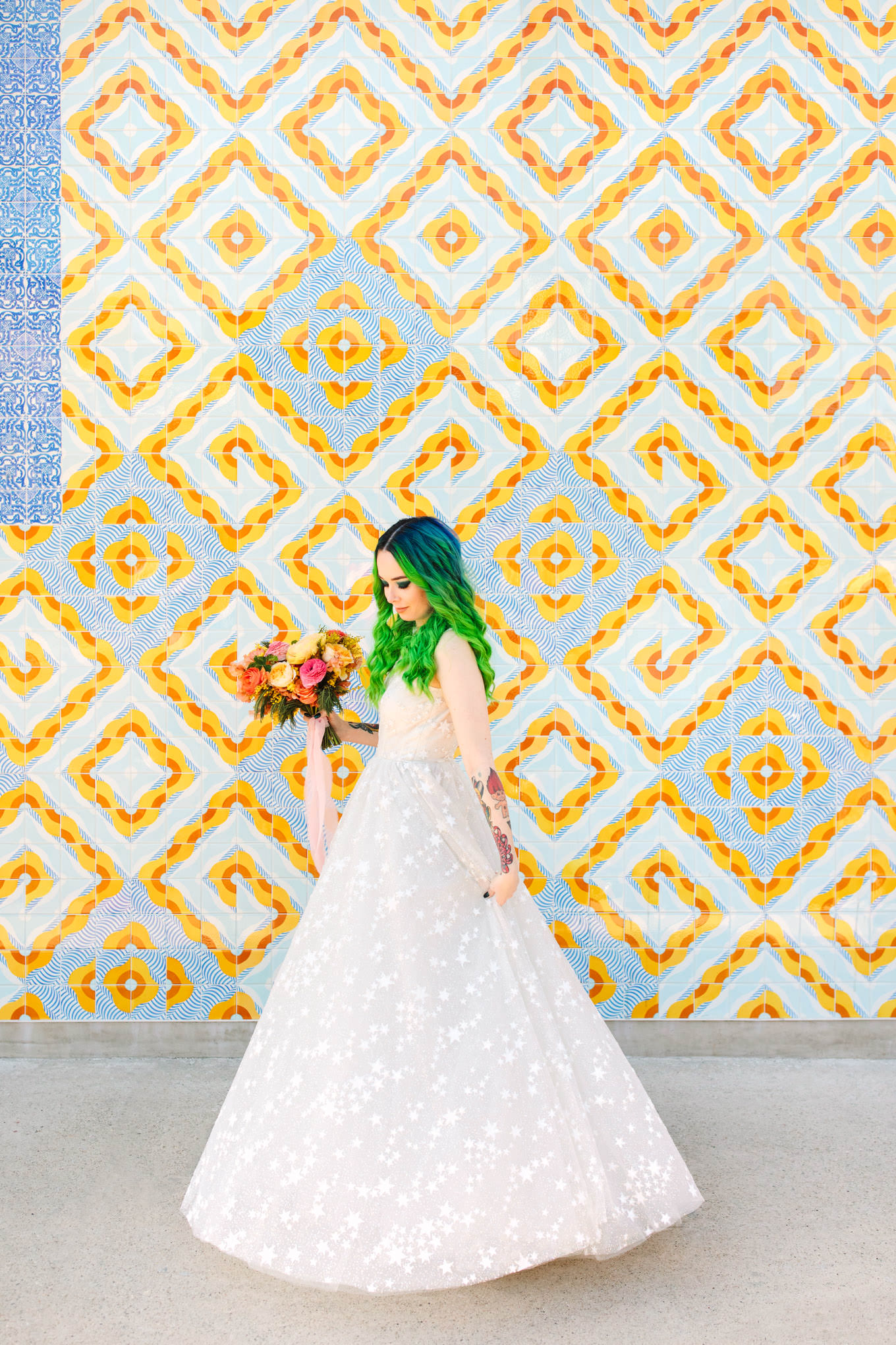 Bride in star gown with teal and green hair | Engagement, elopement, and wedding photography roundup of Mary Costa’s favorite images from 2020 | Colorful and elevated photography for fun-loving couples in Southern California | #2020wedding #elopement #weddingphoto #unicornhair #weddingphotography   Source: Mary Costa Photography | Los Angeles