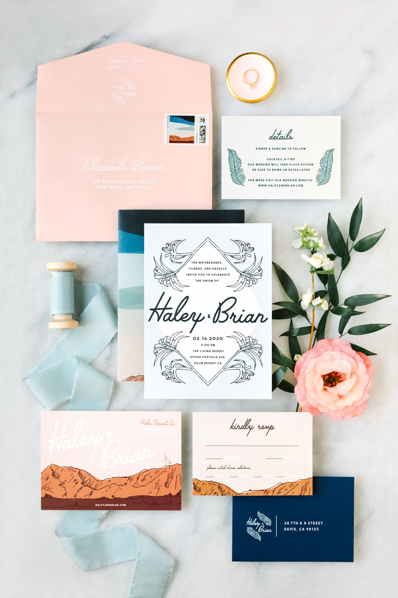 Blush and blue wedding invitation suite | Living Desert Zoo & Gardens wedding with unique details | Elevated and colorful wedding photography for fun-loving couples in Southern California |  #PalmSprings #palmspringsphotographer #gardenwedding #palmspringswedding  Source: Mary Costa Photography | Los Angeles wedding photographer 