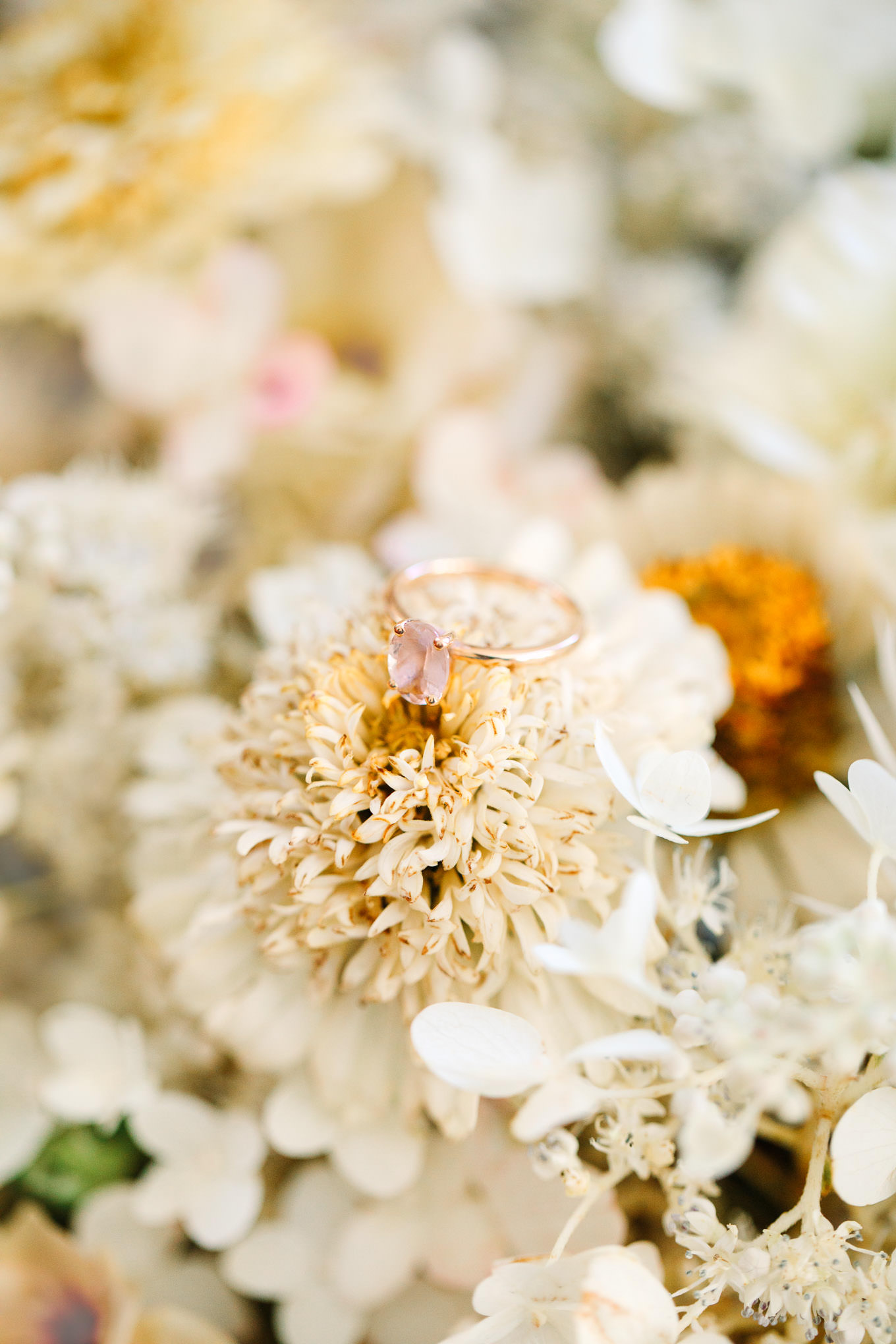 Rose gold pink diamond engagement ring on boho bouquet | Los Angeles Arboretum Elopement | Colorful and elevated wedding photography for fun-loving couples in Southern California | #LosAngelesElopement #elopement #LAarboretum #LAskyline #elopementphotos   Source: Mary Costa Photography | Los Angeles