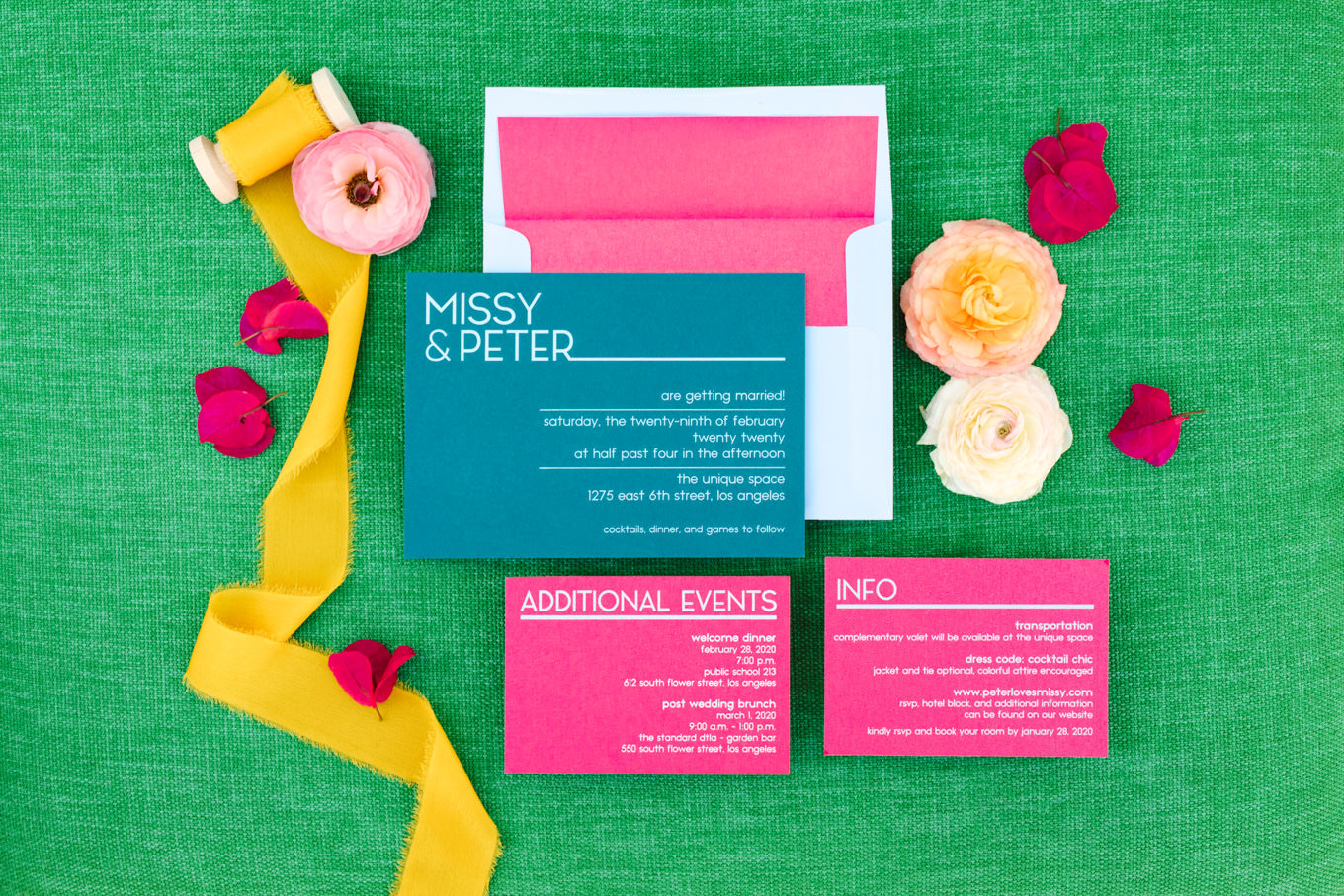 Colorful invitation suite | Colorful wedding at The Unique Space Los Angeles published in The Knot Magazine | Fresh and colorful photography for fun-loving couples in Southern California | #colorfulwedding #losangeleswedding #weddingphotography #uniquespace Source: Mary Costa Photography | Los Angeles