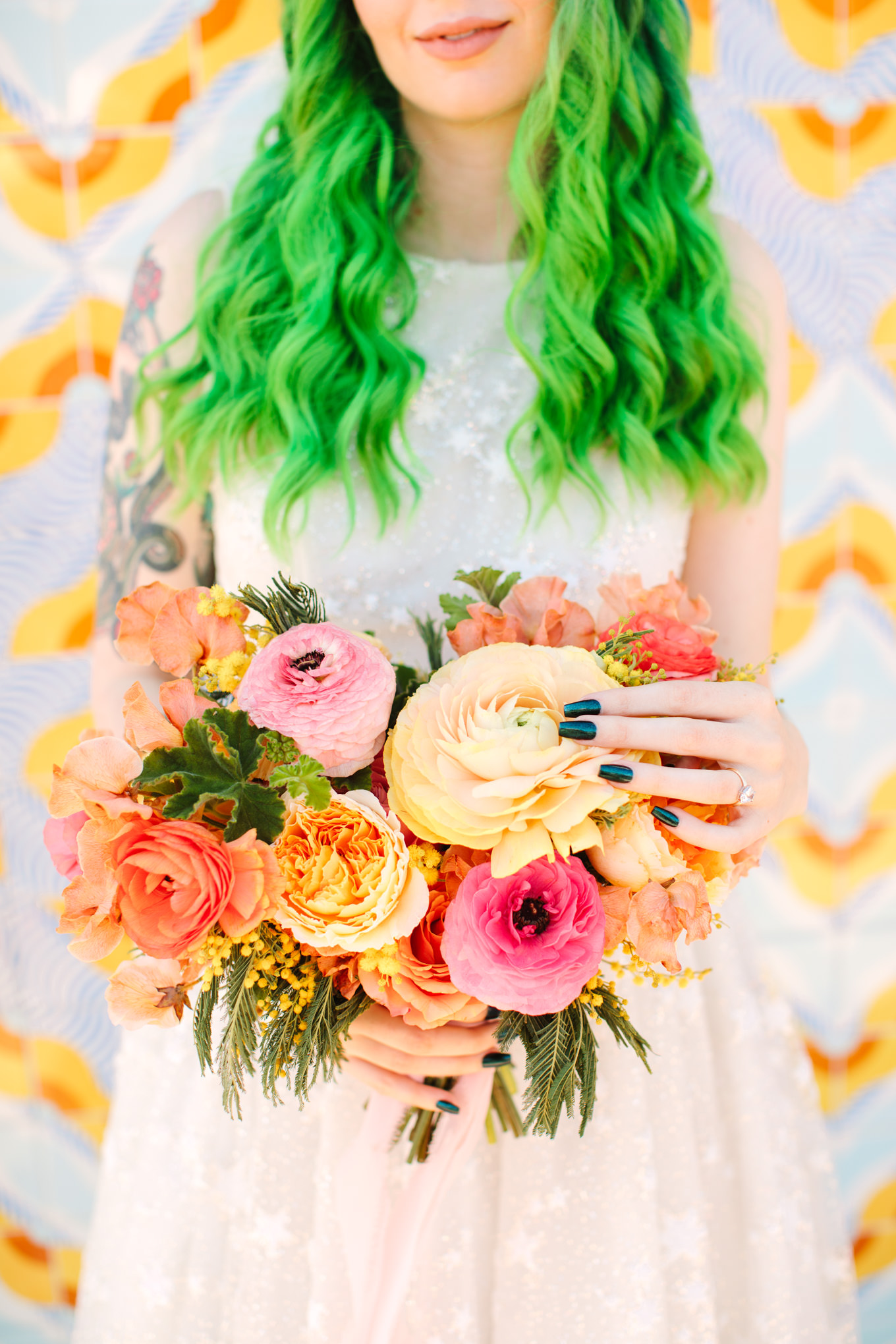 Bride with black glitter manicure and green hair | Colorful wedding at The Unique Space Los Angeles published in The Knot Magazine | Fresh and colorful photography for fun-loving couples in Southern California | #colorfulwedding #losangeleswedding #weddingphotography #uniquespace Source: Mary Costa Photography | Los Angeles