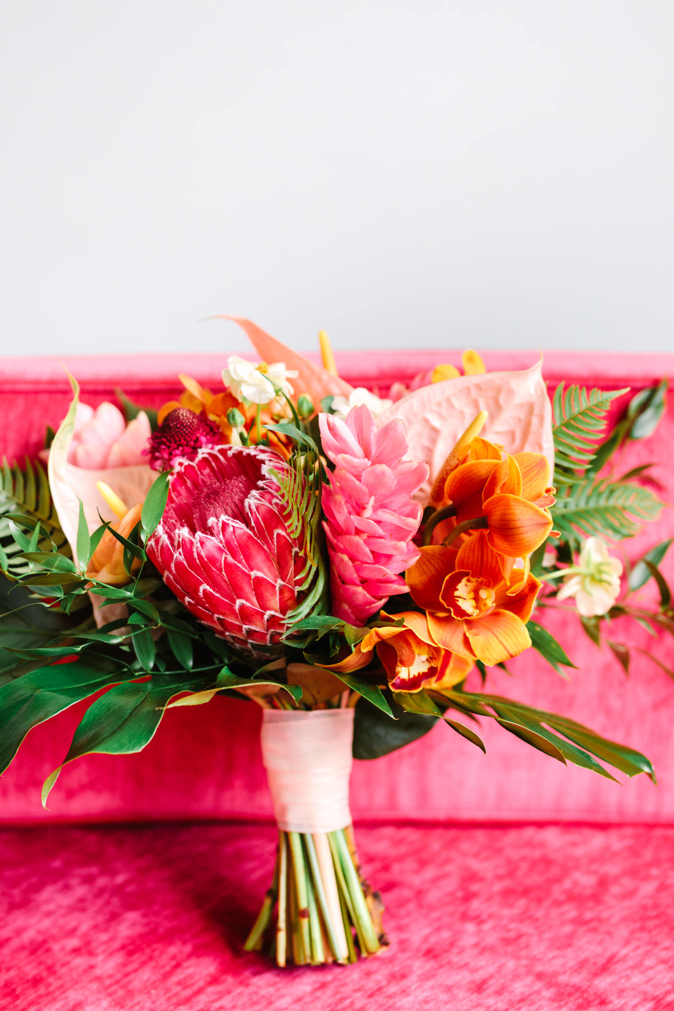 Pink tropical wedding bouquet | TV inspired wedding at The Fig House Los Angeles | Published on The Knot | Fresh and colorful photography for fun-loving couples in Southern California | #losangeleswedding #TVwedding #colorfulwedding #theknot   Source: Mary Costa Photography | Los Angeles wedding photographer
