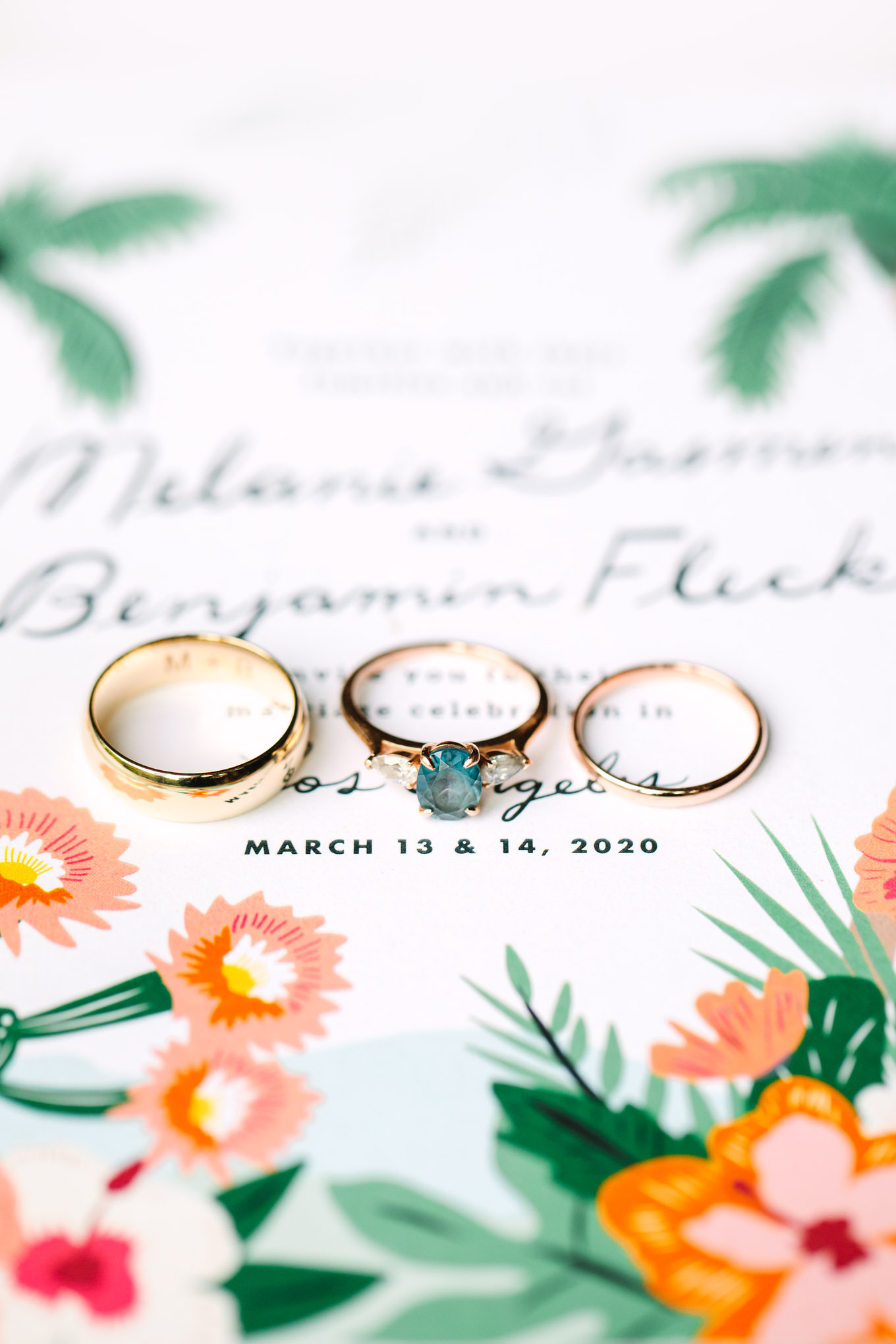 Colorful engagement ring on wedding invitation | TV inspired wedding at The Fig House Los Angeles | Published on The Knot | Fresh and colorful photography for fun-loving couples in Southern California | #losangeleswedding #TVwedding #colorfulwedding #theknot   Source: Mary Costa Photography | Los Angeles wedding photographer