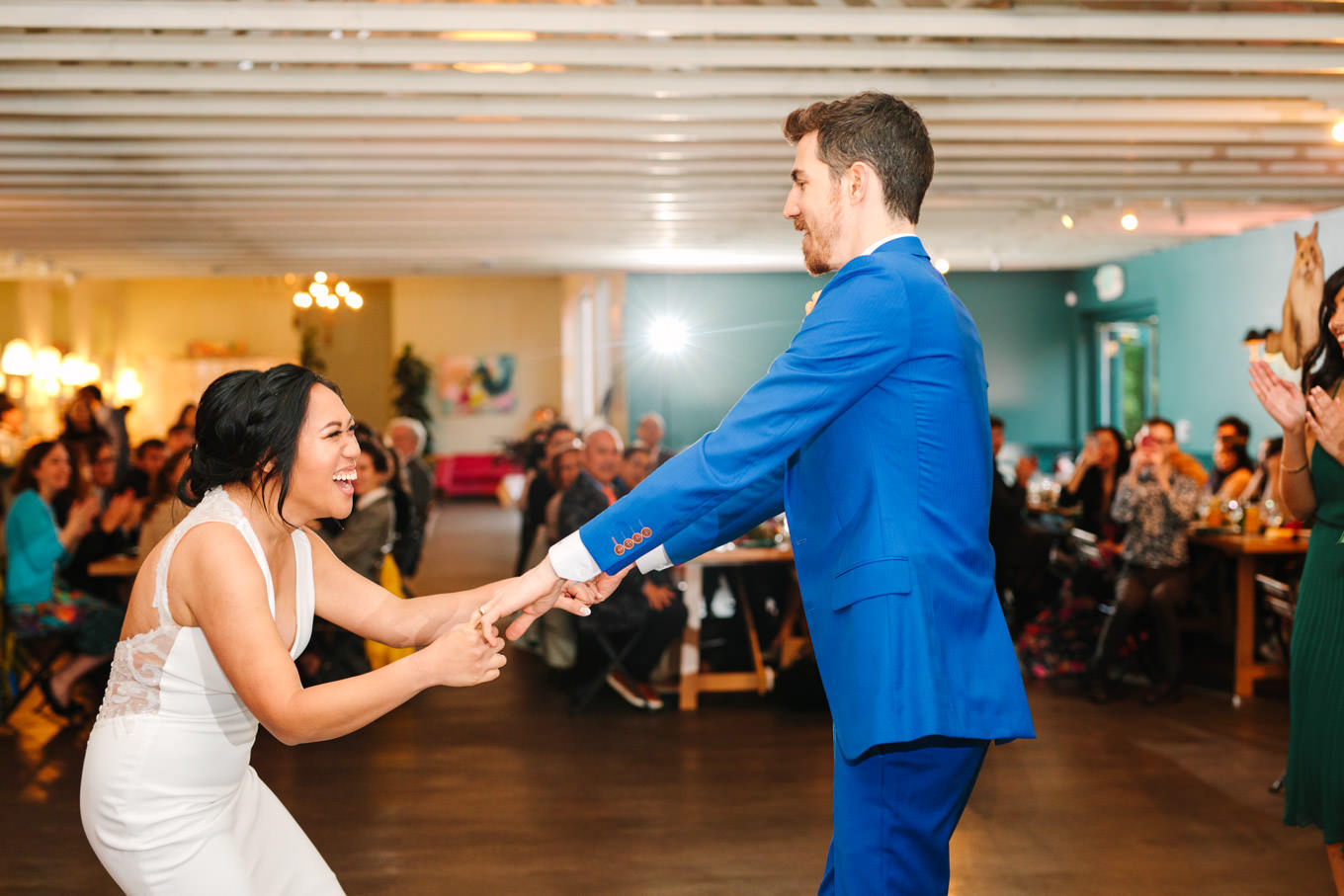 Bride and groom first dance at reception | TV inspired wedding at The Fig House Los Angeles | Published on The Knot | Fresh and colorful photography for fun-loving couples in Southern California | #losangeleswedding #TVwedding #colorfulwedding #theknot   Source: Mary Costa Photography | Los Angeles wedding photographer