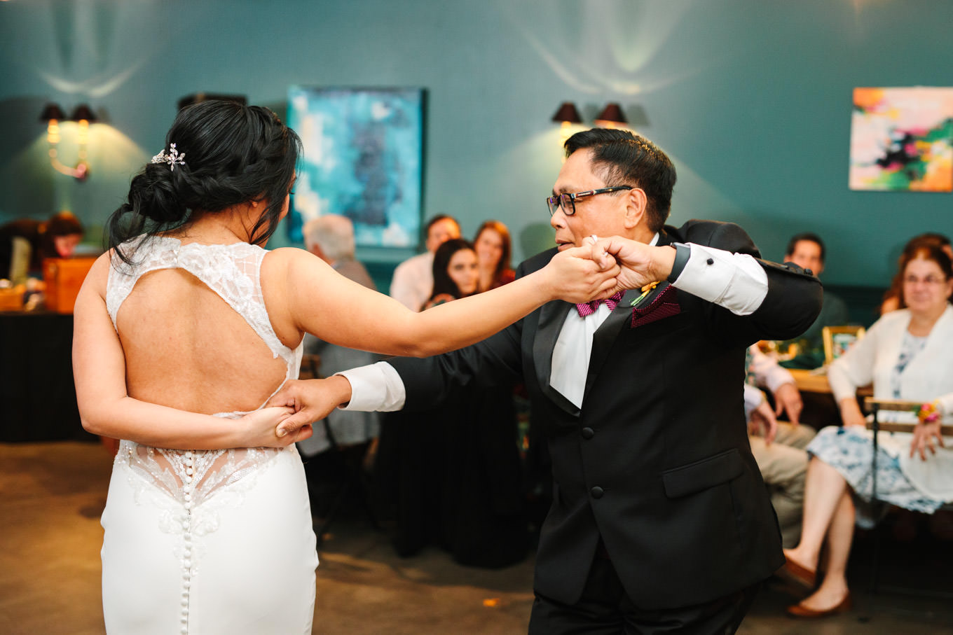 Bride and dad dancing at wedding | TV inspired wedding at The Fig House Los Angeles | Published on The Knot | Fresh and colorful photography for fun-loving couples in Southern California | #losangeleswedding #TVwedding #colorfulwedding #theknot   Source: Mary Costa Photography | Los Angeles wedding photographer