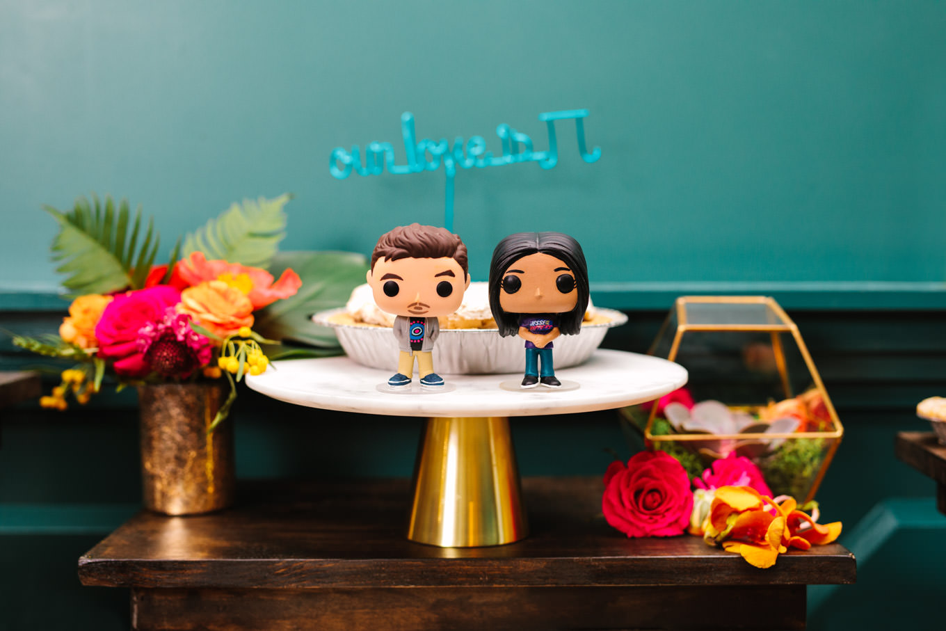 Pie at wedding reception with bride and groom bobble heads | TV inspired wedding at The Fig House Los Angeles | Published on The Knot | Fresh and colorful photography for fun-loving couples in Southern California | #losangeleswedding #TVwedding #colorfulwedding #theknot   Source: Mary Costa Photography | Los Angeles wedding photographer