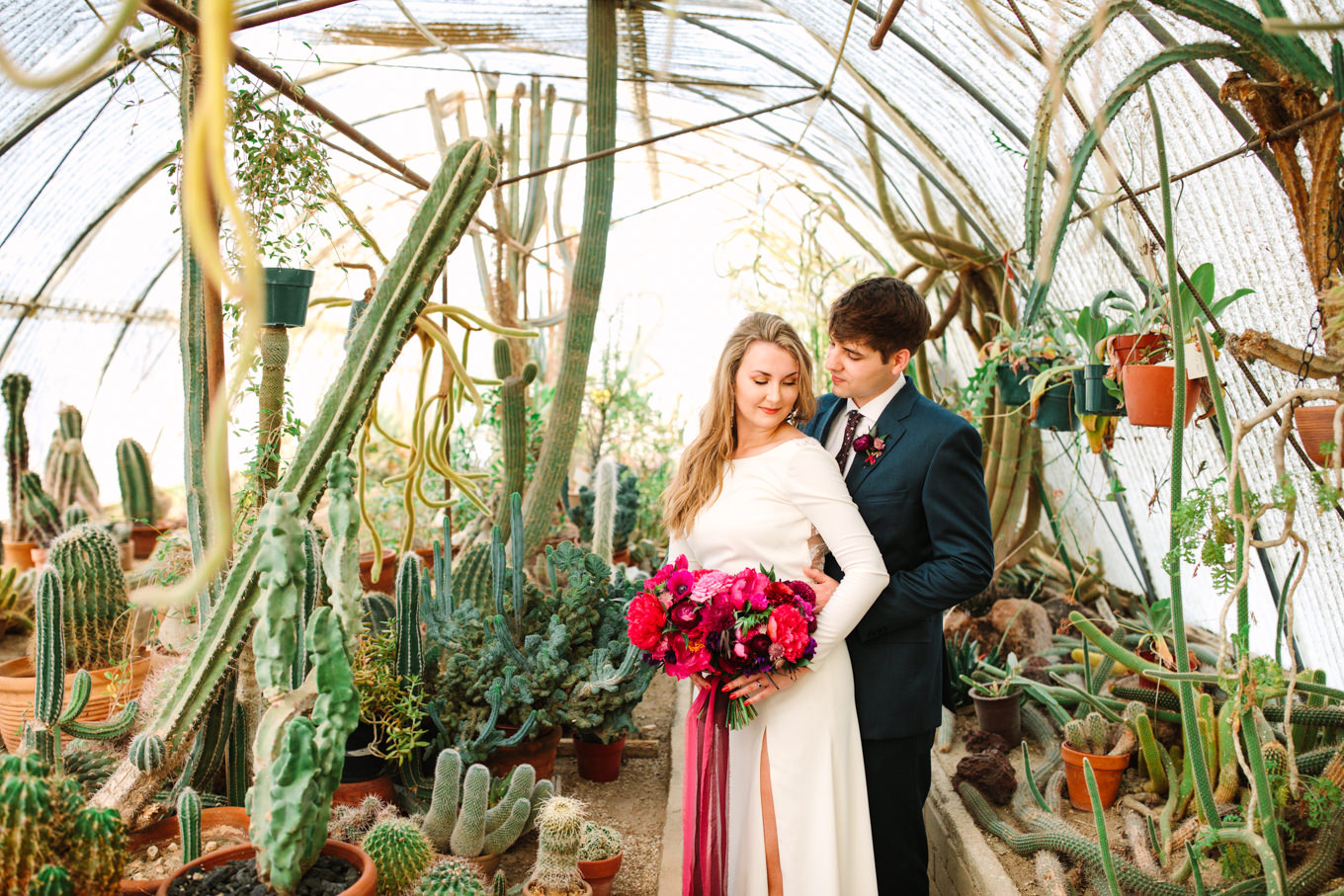 Moorten Botantical Garden bride and groom | Colorful jewel tone Palm Springs elopement | Fresh and colorful photography for fun-loving couples in Southern California | #colorfulelopement #palmspringselopement #elopementphotography #palmspringswedding Source: Mary Costa Photography | Los Angeles