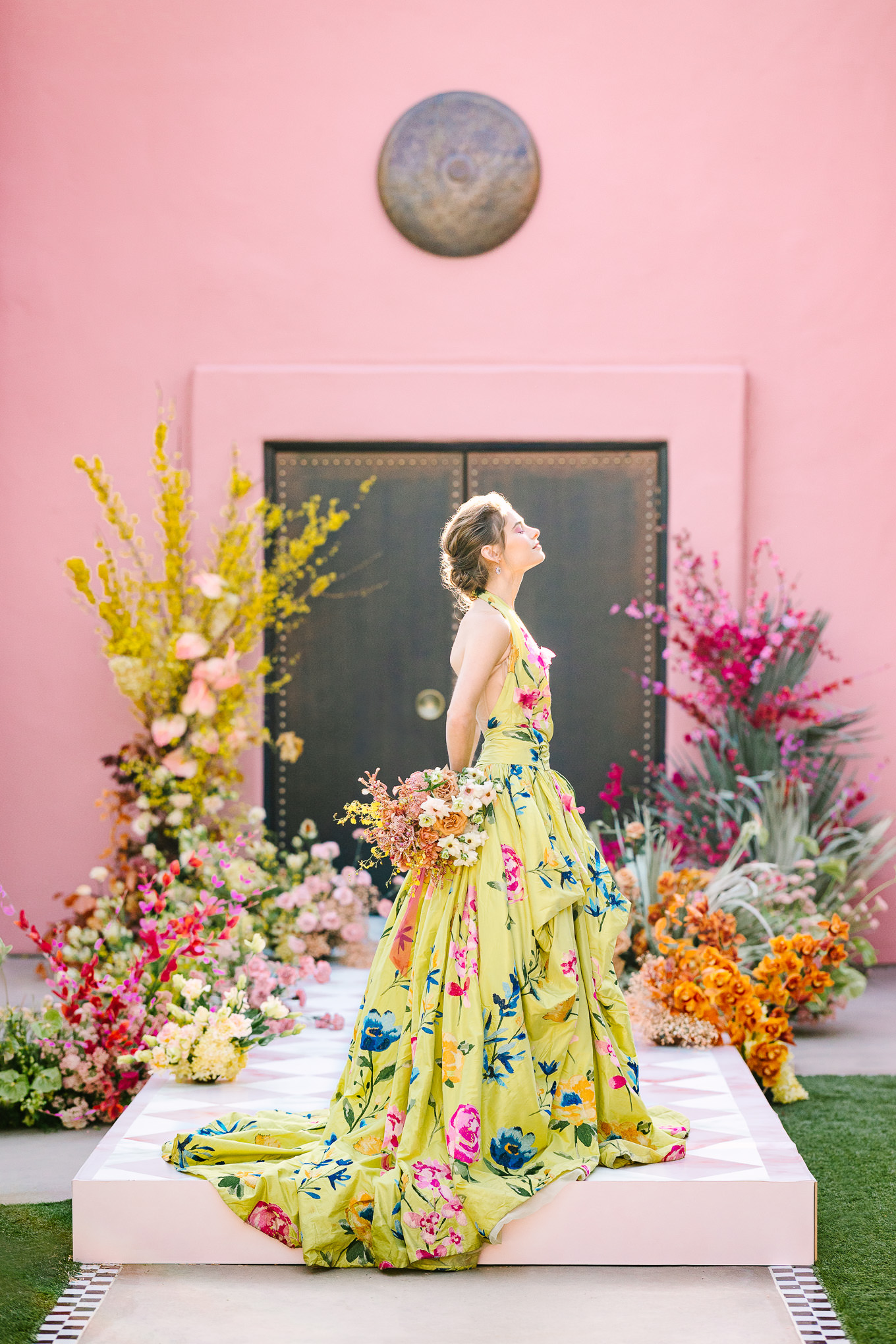 Chartreuse floral embroidered Marchesa gown on checkered runway | Kindred Presets x Mary Costa Photography Sands Hotel Ad Campaign | Colorful Palm Springs wedding photography | #palmspringsphotographer #lightroompresets #sandshotel #pinkhotel   Source: Mary Costa Photography | Los Angeles