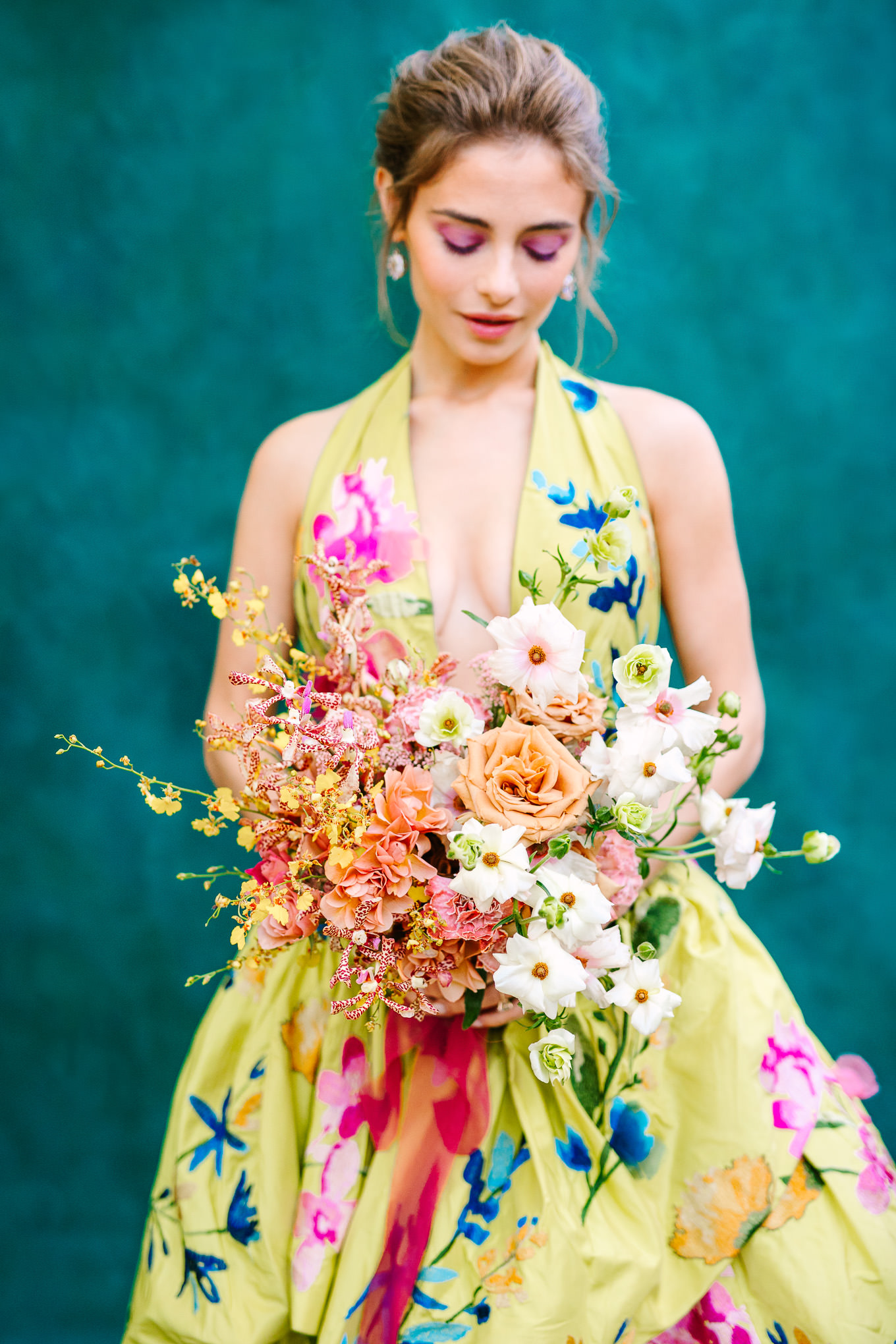 Chartreuse floral Marchesa gown on emerald painted backdrop | Kindred Presets x Mary Costa Photography Sands Hotel Ad Campaign | Colorful Palm Springs wedding photography | #palmspringsphotographer #lightroompresets #sandshotel #pinkhotel #kindredpresets  Source: Mary Costa Photography | Los Angeles