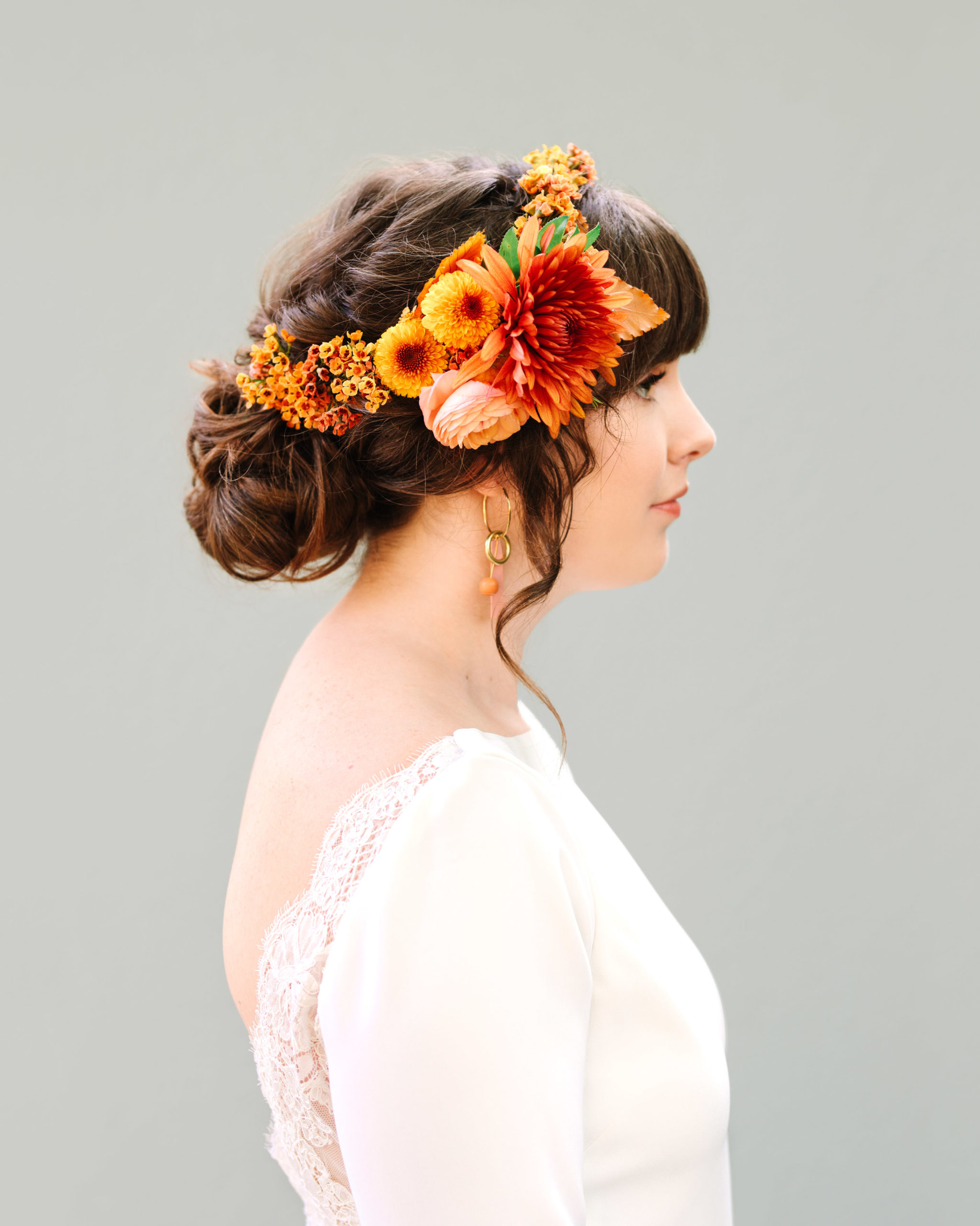 Bride in autumn flower crown | marycostaweddings.com