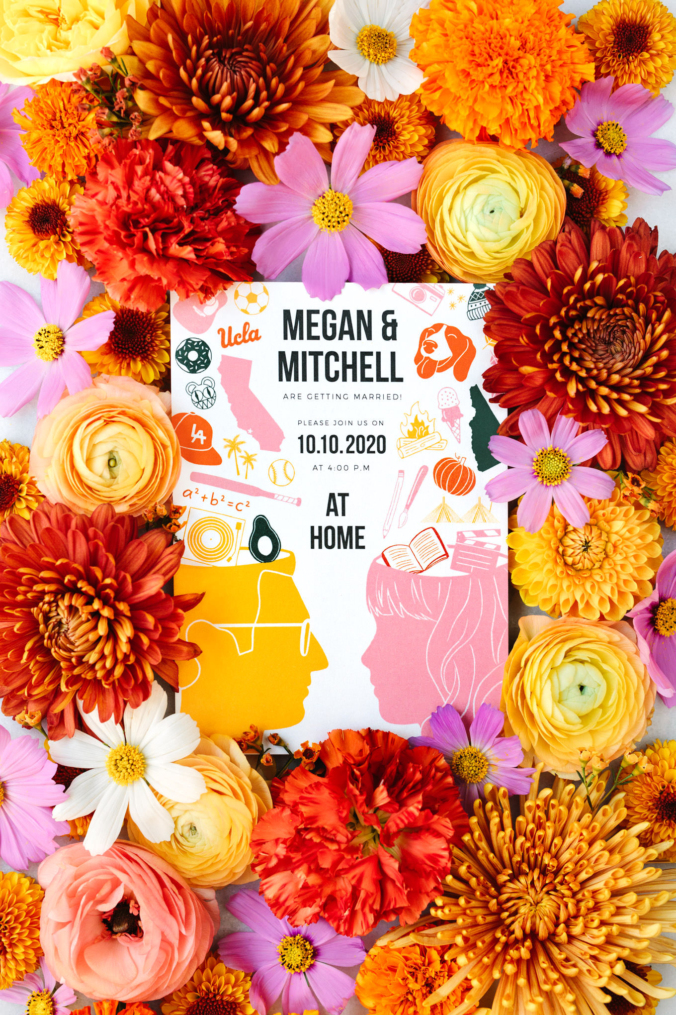 Warm, vibrant colored wedding invitation and florals | Vibrant backyard micro wedding featured on Green Wedding Shoes | Colorful LA wedding photography | #losangeleswedding #backyardwedding #microwedding #laweddingphotographer Source: Mary Costa Photography | Los Angeles