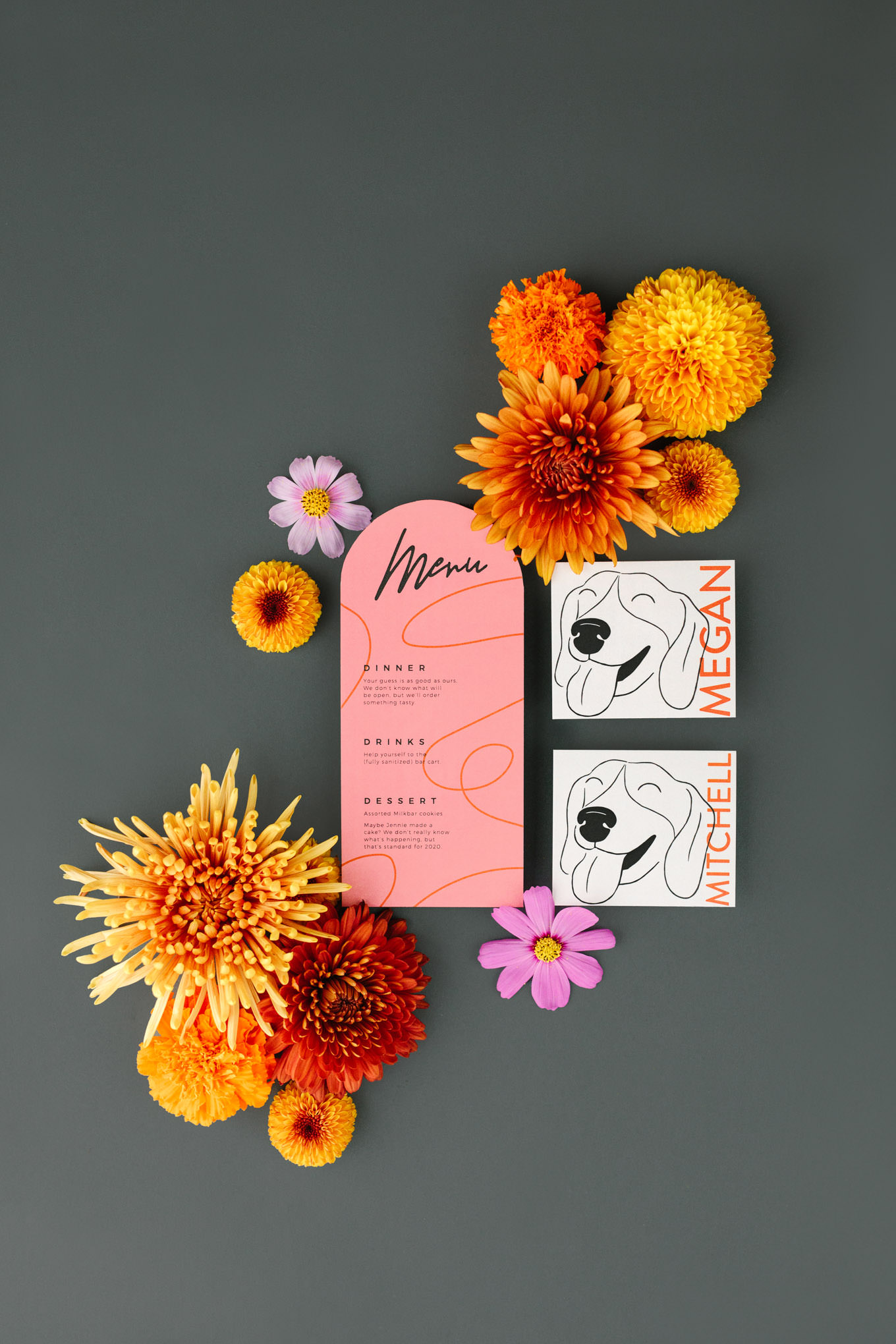 Bold colored menu and place cards for wedding reception | Vibrant backyard micro wedding featured on Green Wedding Shoes | Colorful LA wedding photography | #losangeleswedding #backyardwedding #microwedding #laweddingphotographer Source: Mary Costa Photography | Los Angeles