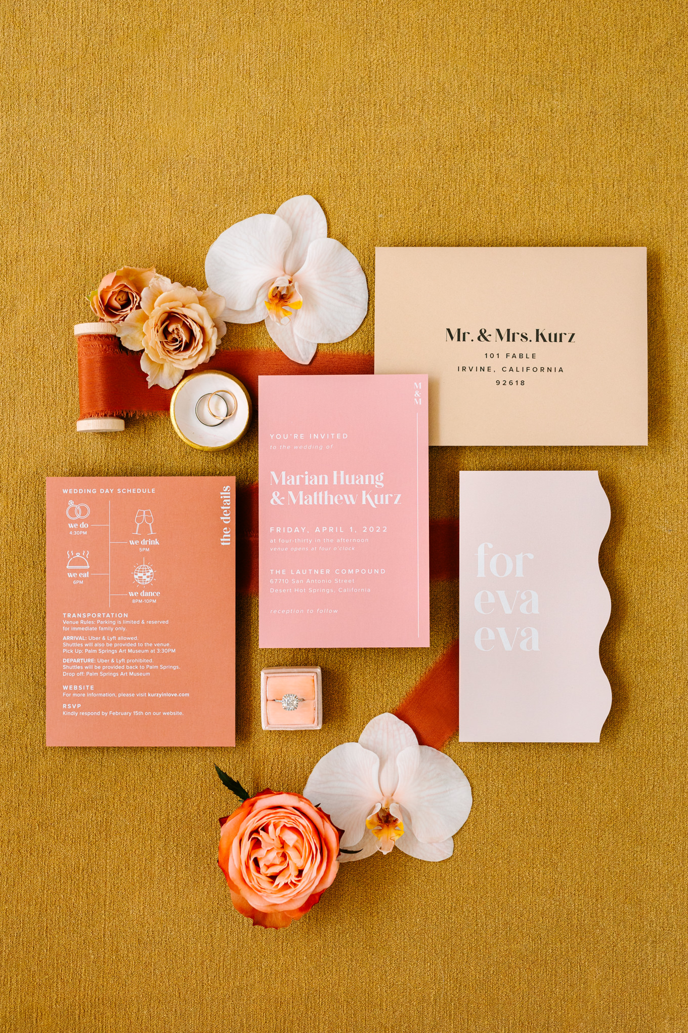 Pink and orange wedding invitation suite | Pink and orange Lautner Compound wedding | Colorful Palm Springs wedding photography | #palmspringsphotographer #palmspringswedding #lautnercompound #southerncaliforniawedding  Source: Mary Costa Photography | Los Angeles