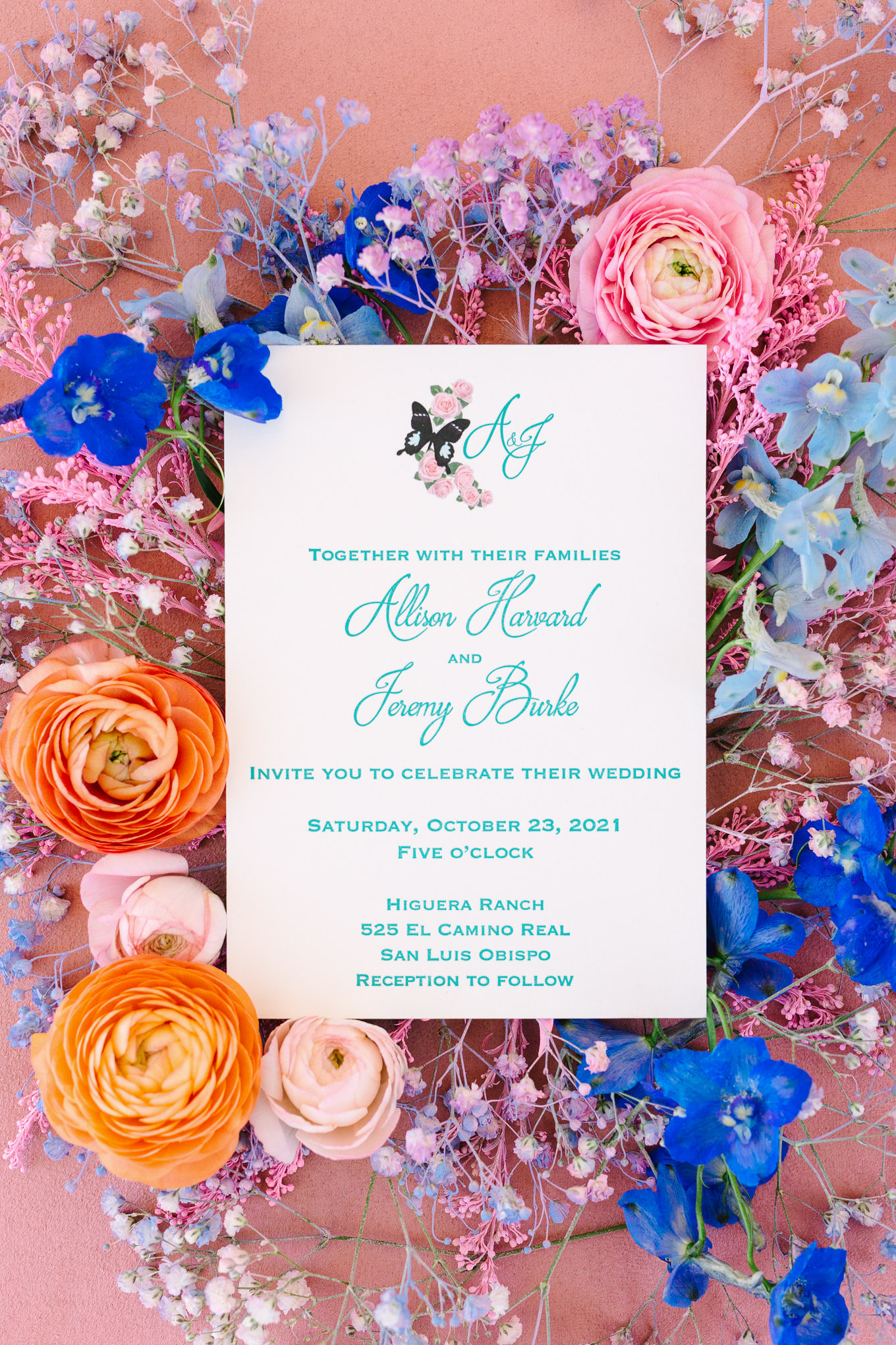 Vibrant florals surrounding wedding invitation | Colorful and quirky wedding at Higuera Ranch in San Luis Obispo | #sanluisobispowedding #californiawedding #higueraranch #madonnainn   
Source: Mary Costa Photography | Los Angeles