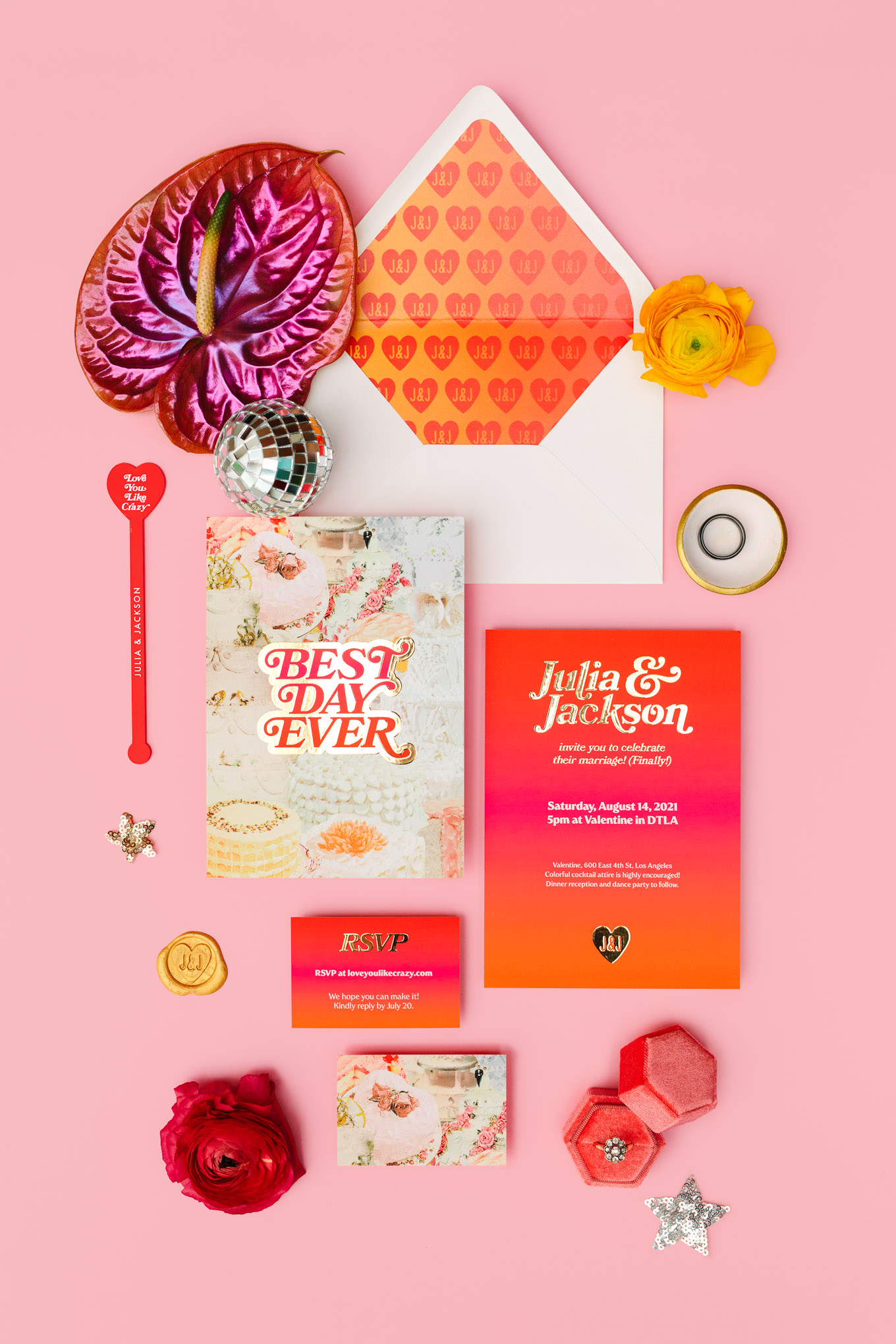 Colorful invitation suite designed by bride Julia Walck | Colorful Downtown Los Angeles Valentine Wedding | Los Angeles wedding photographer | #losangeleswedding #colorfulwedding #DTLA #valentinedtla   Source: Mary Costa Photography | Los Angeles