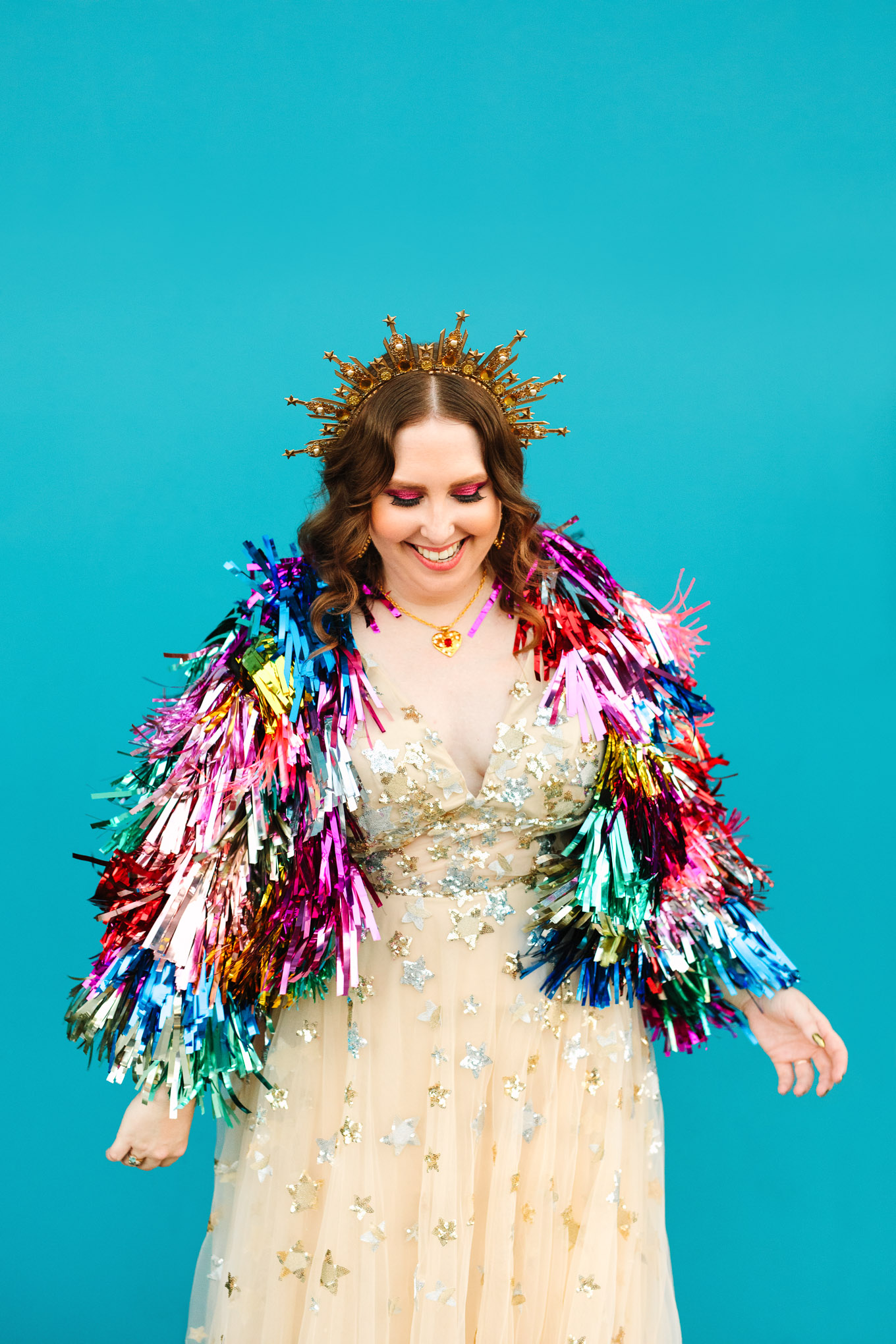 Bride in colorful tinsel jacket by Rachel Burke | Colorful Downtown Los Angeles Valentine Wedding | Los Angeles wedding photographer | #losangeleswedding #colorfulwedding #DTLA #valentinedtla   Source: Mary Costa Photography | Los Angeles